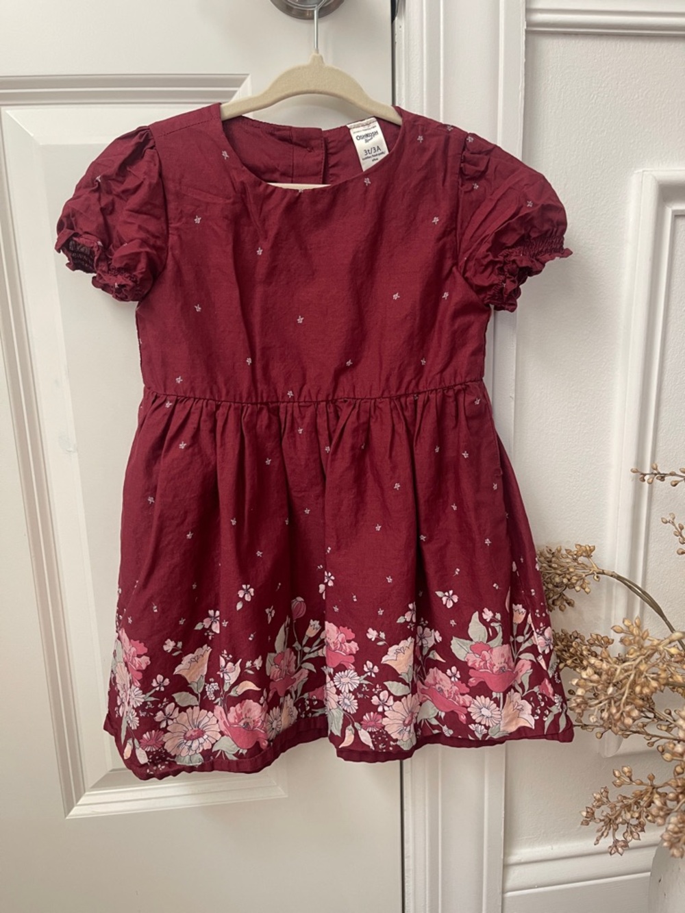 OshKosh B'gosh Burgundy Floral Border Puff Sleeve Dress